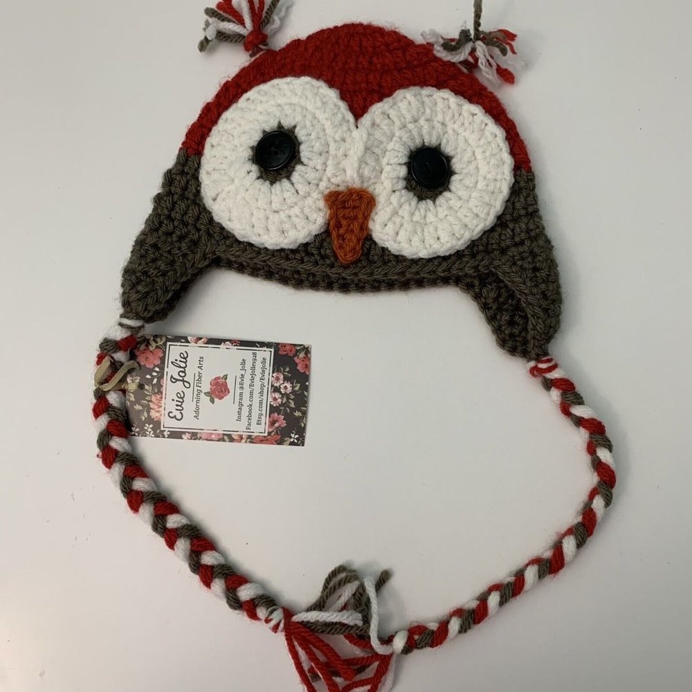 Handmade Crochet Baby 3-6 Months OWL Hat Photo Prop Brown Red Photo Shoot NWT